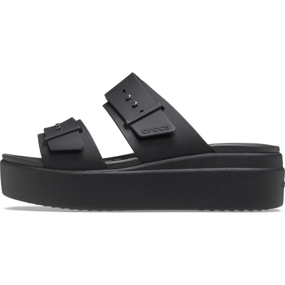 Women's Slide Sandals Black Cushioned Wedge Heel Classic Comfort Slip On Shoes - Picture 4 of 6